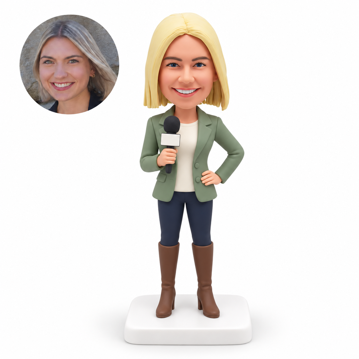 custom bobblehead figure female reporter holding a microphone with one hand on her hip