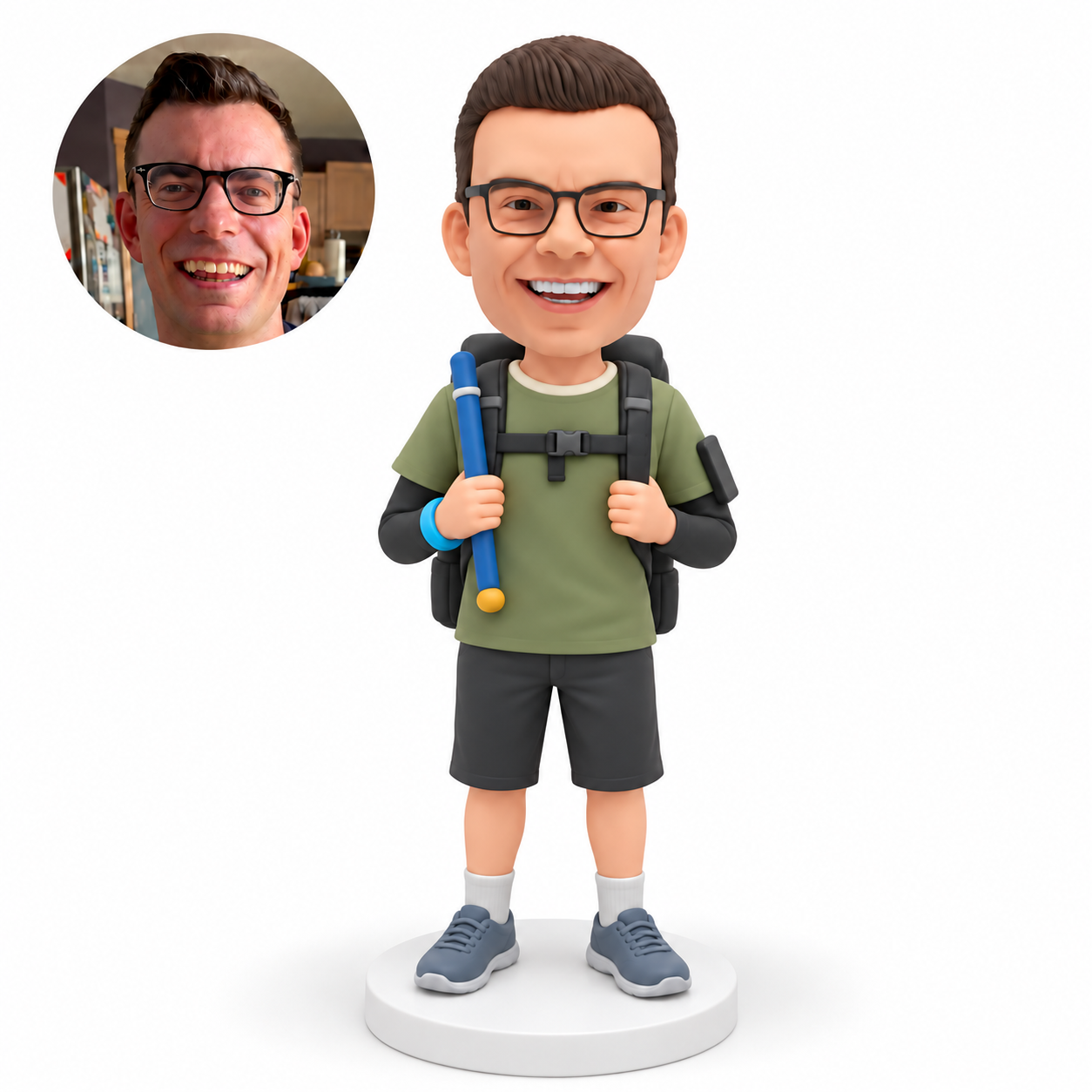 custom bobblehead figure male hiker holding a short pole and a backpack strap