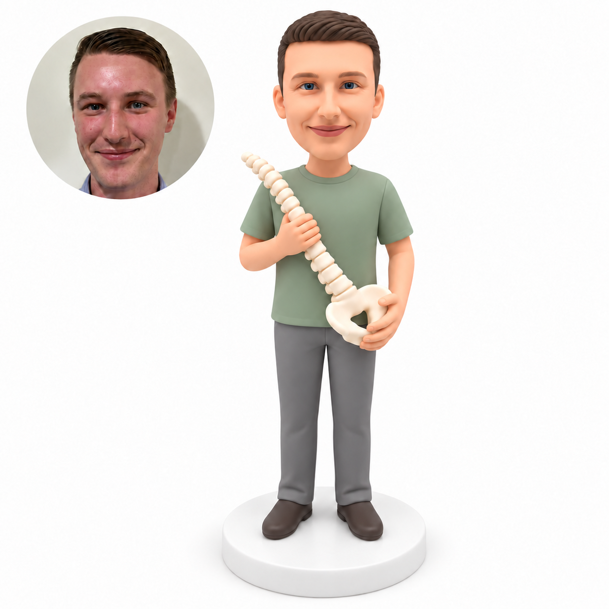 custom bobblehead figure male chiropractor in a T-shirt holding a spine model diagonally