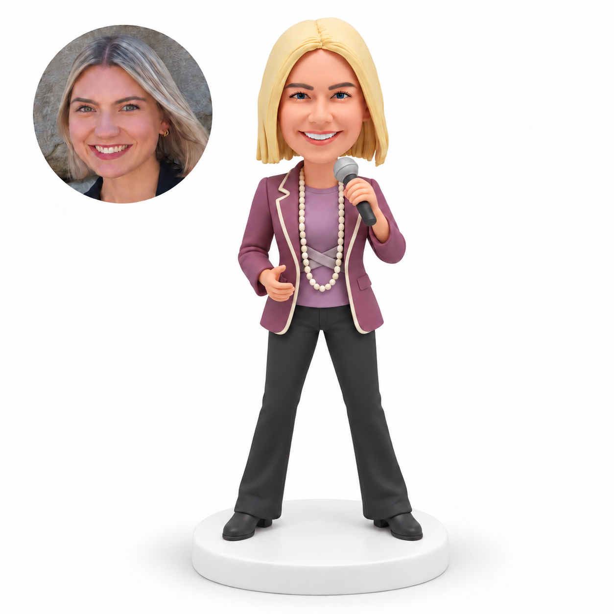custom bobblehead figure female singer in a blazer and trousers holding a microphone with her free hand at her waist