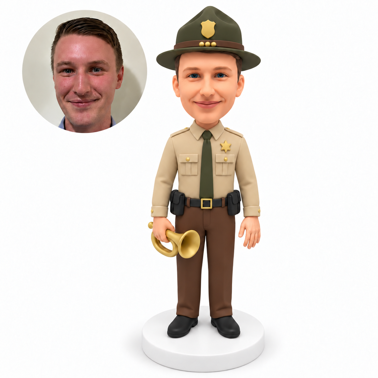 custom bobblehead figure uniformed male bugler holding a bugle at his side