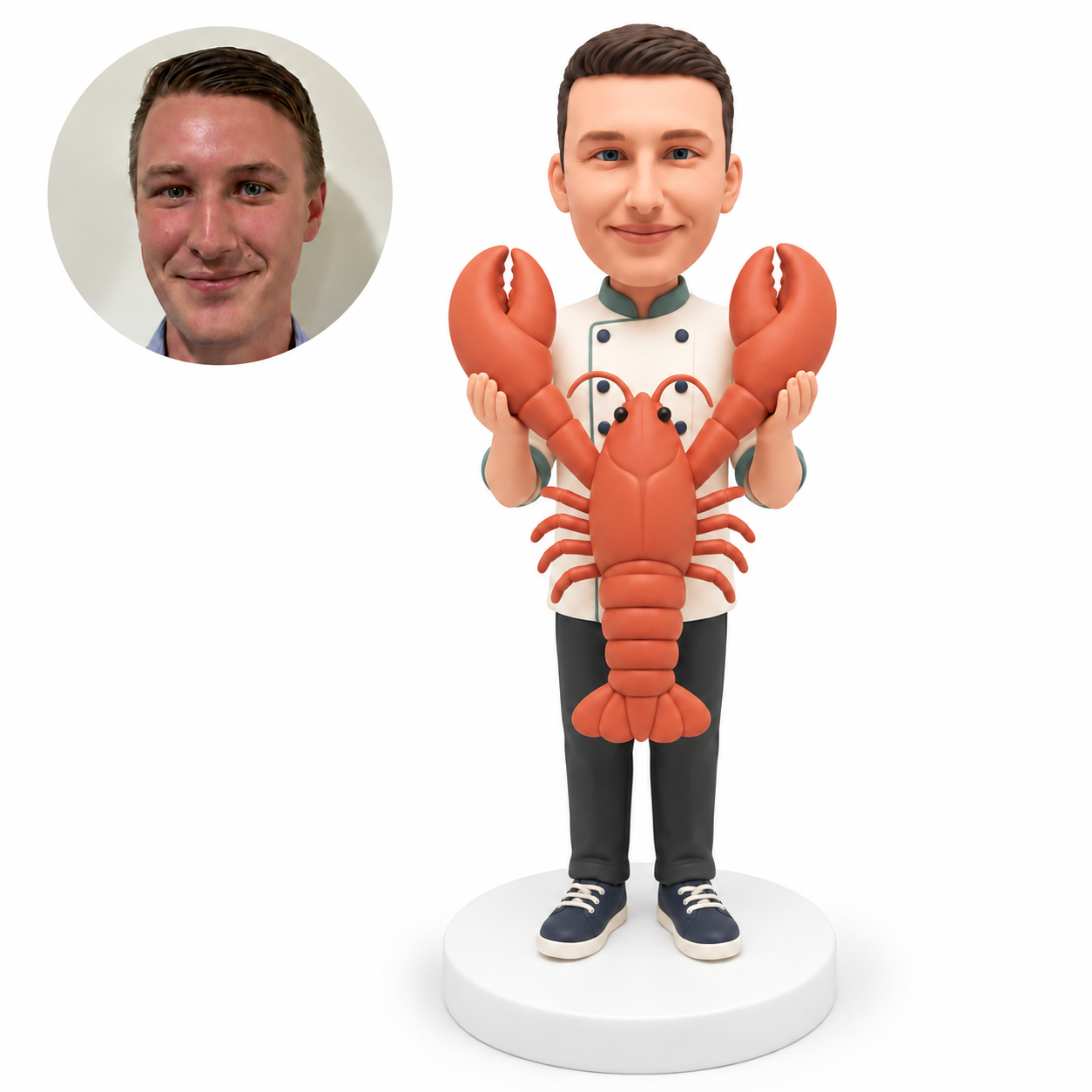 custom bobblehead figure male chef holding a giant upright lobster by its claws