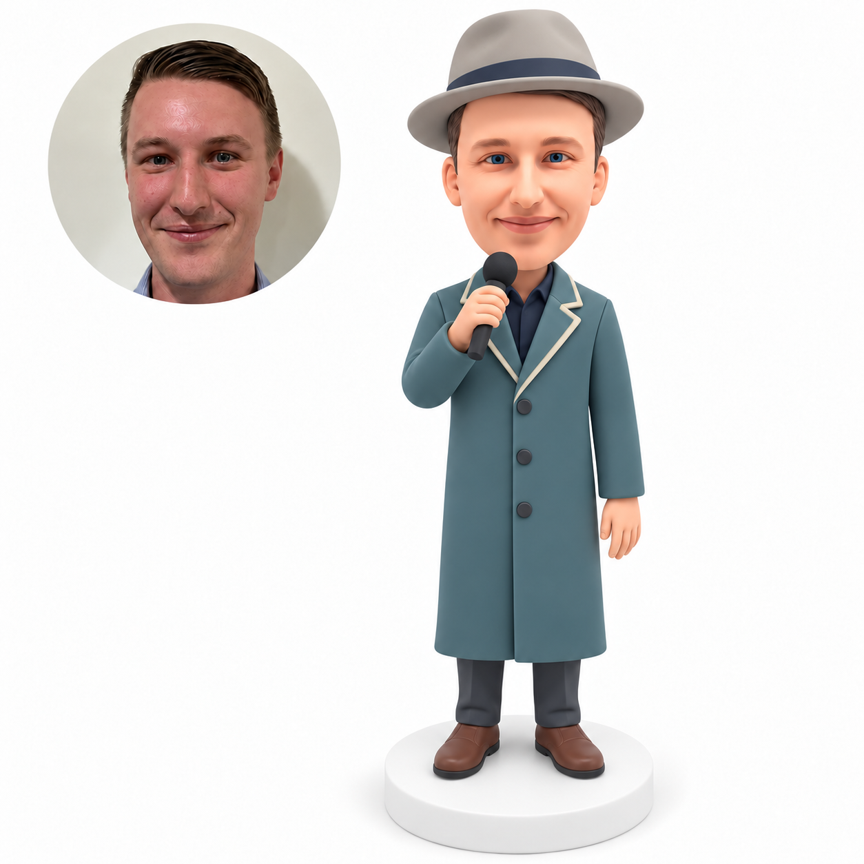 custom bobblehead figure male singer in a long coat holding a microphone near his mouth