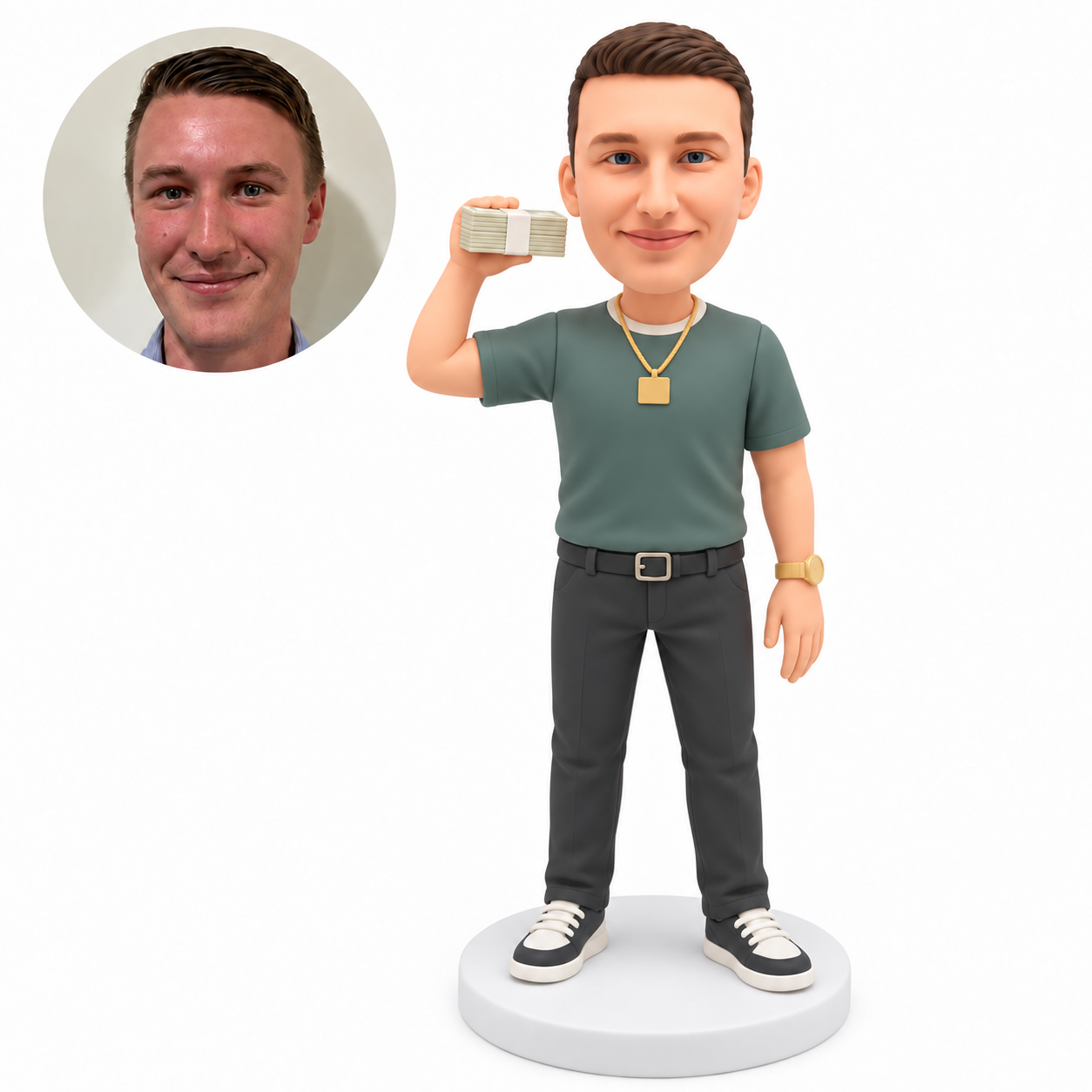 custom bobblehead figure male in a T-shirt holding a stack of banknotes beside his head