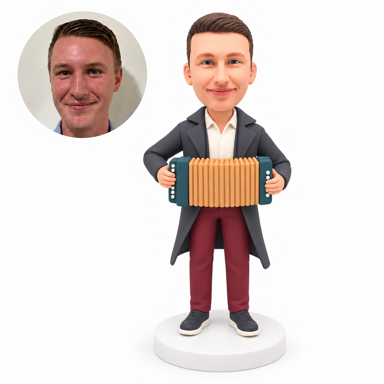 custom bobblehead figure male musician in a long coat playing a button accordion