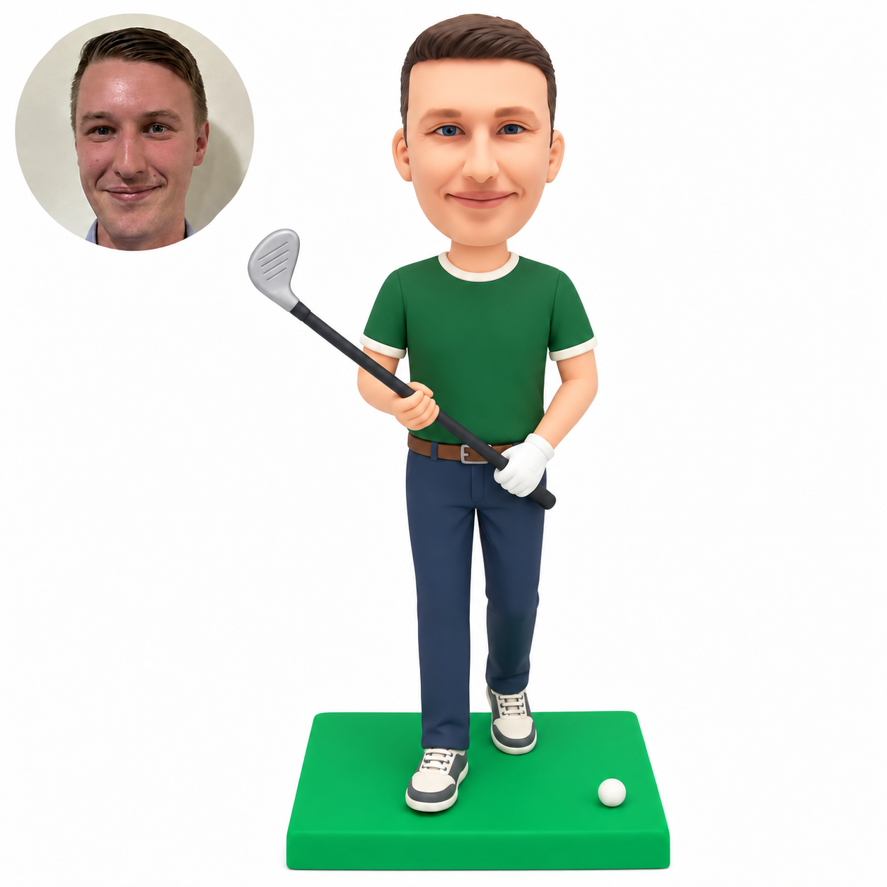 custom bobblehead figure male golfer in full trousers holding a golf club diagonally across his waist
