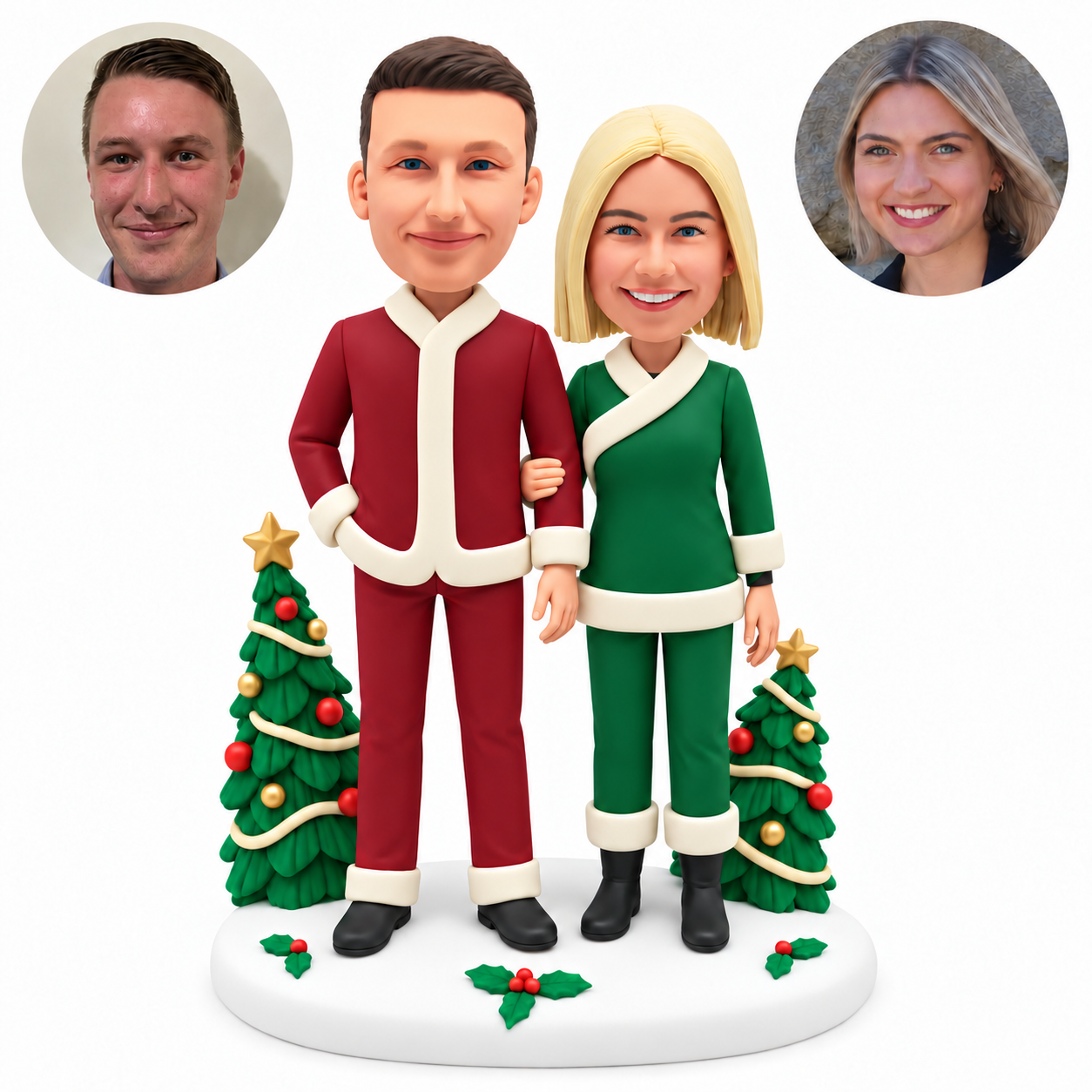custom bobblehead figures Christmas couple in full trousers linking arms beside two trees