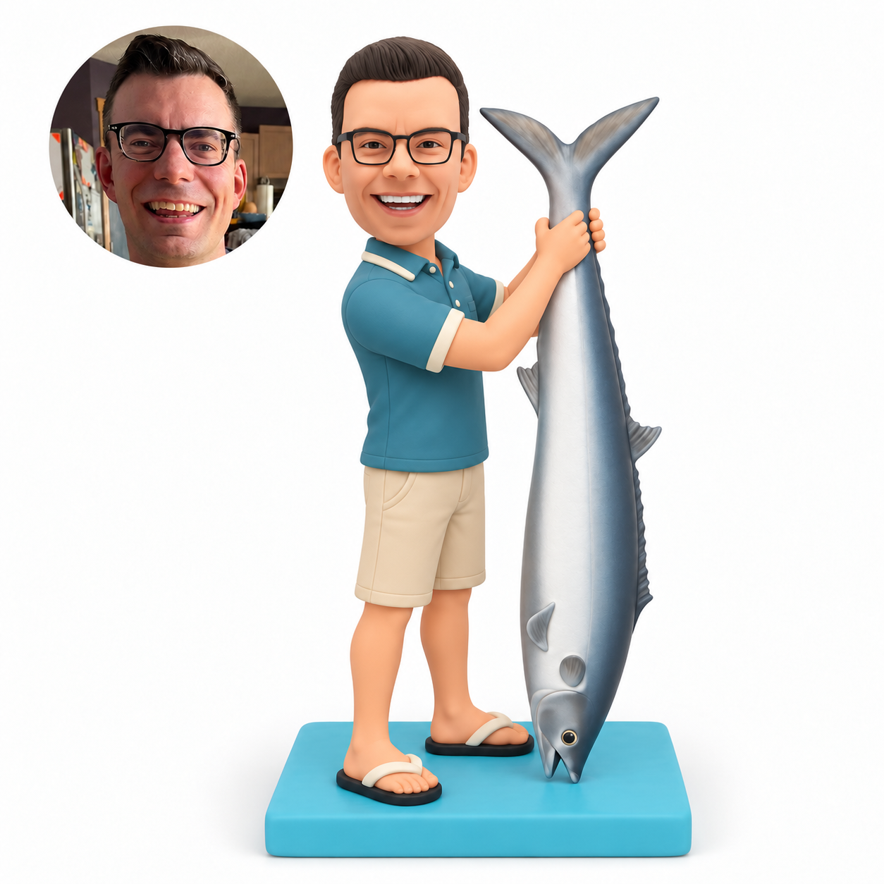 custom bobblehead figure man holding a giant fish vertically by its tail