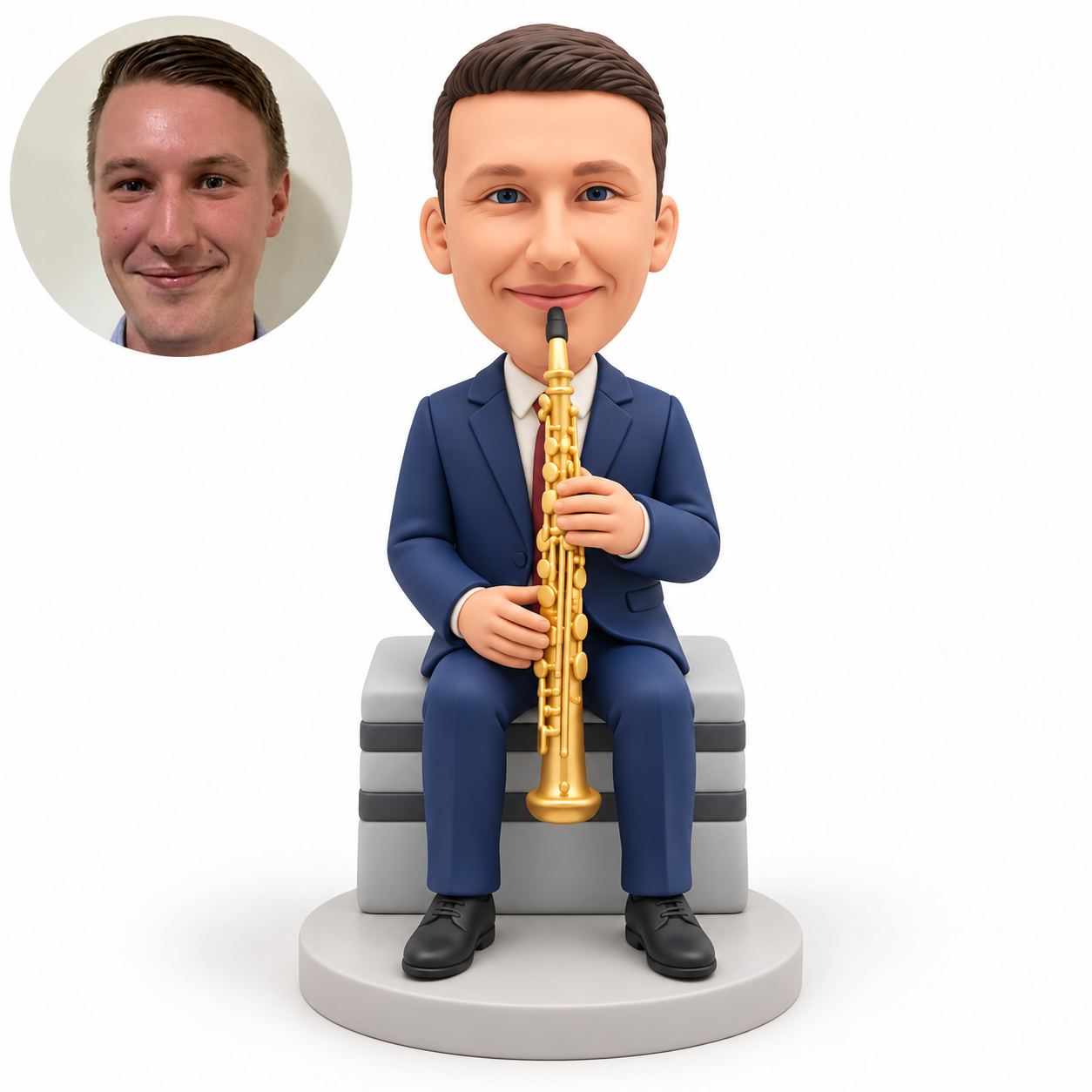 custom bobblehead figure seated saxophone player in a suit with both hands on the instrument
