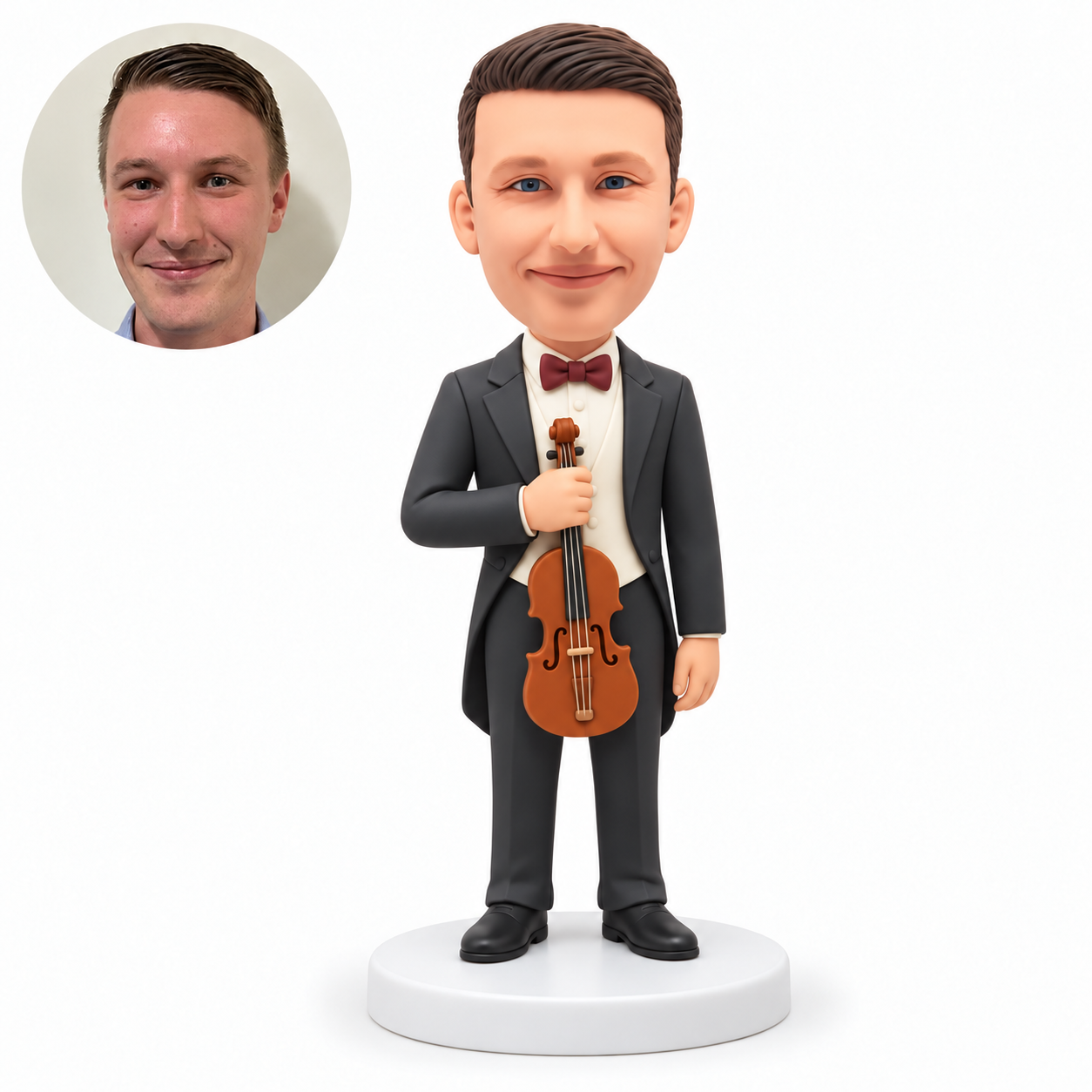 custom bobblehead figure man in a tailcoat holding a violin upright against his chest