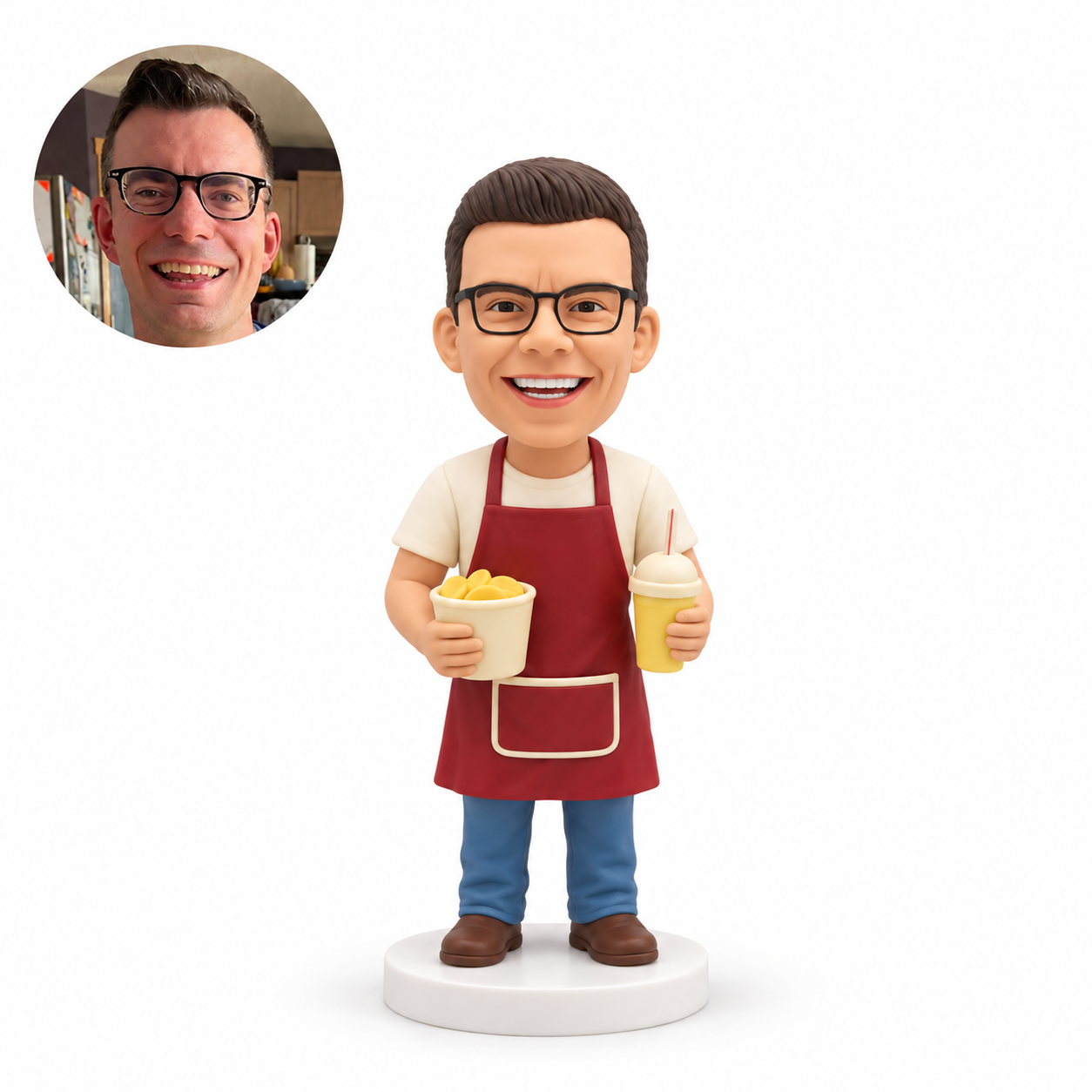 custom bobblehead figure male fast food server holding a snack bucket and a drink