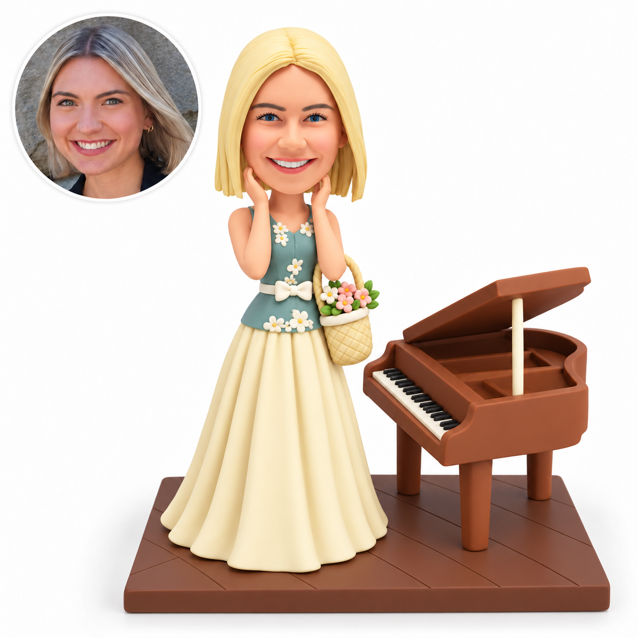 custom bobblehead figure woman with both hands raised beside her face and a grand piano