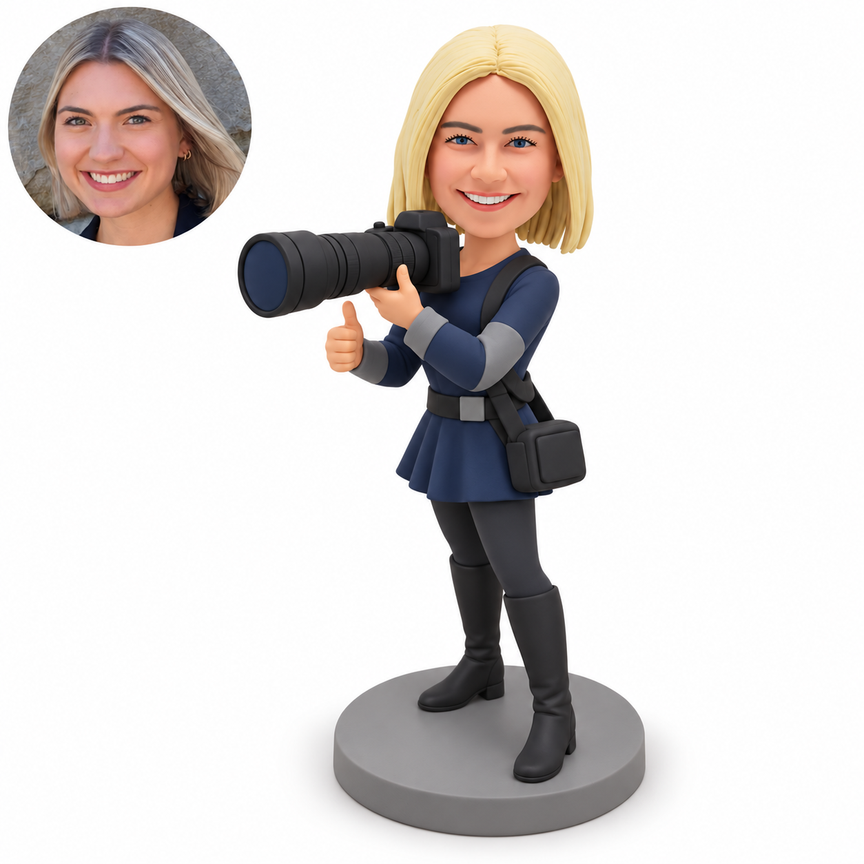 custom bobblehead figure female photographer holding a telephoto camera with a thumbs up