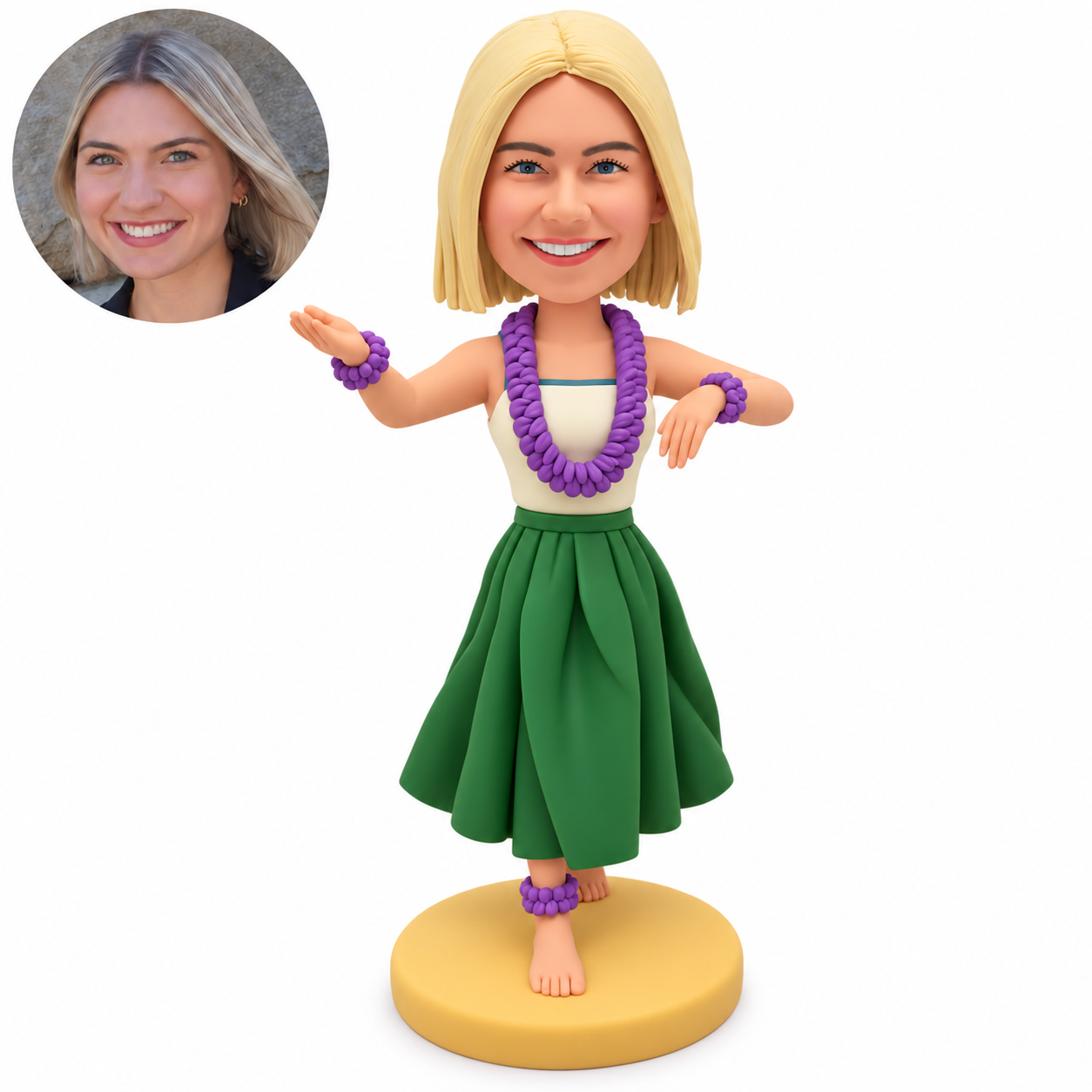 custom bobblehead figure female hula dancer with both forearms raised