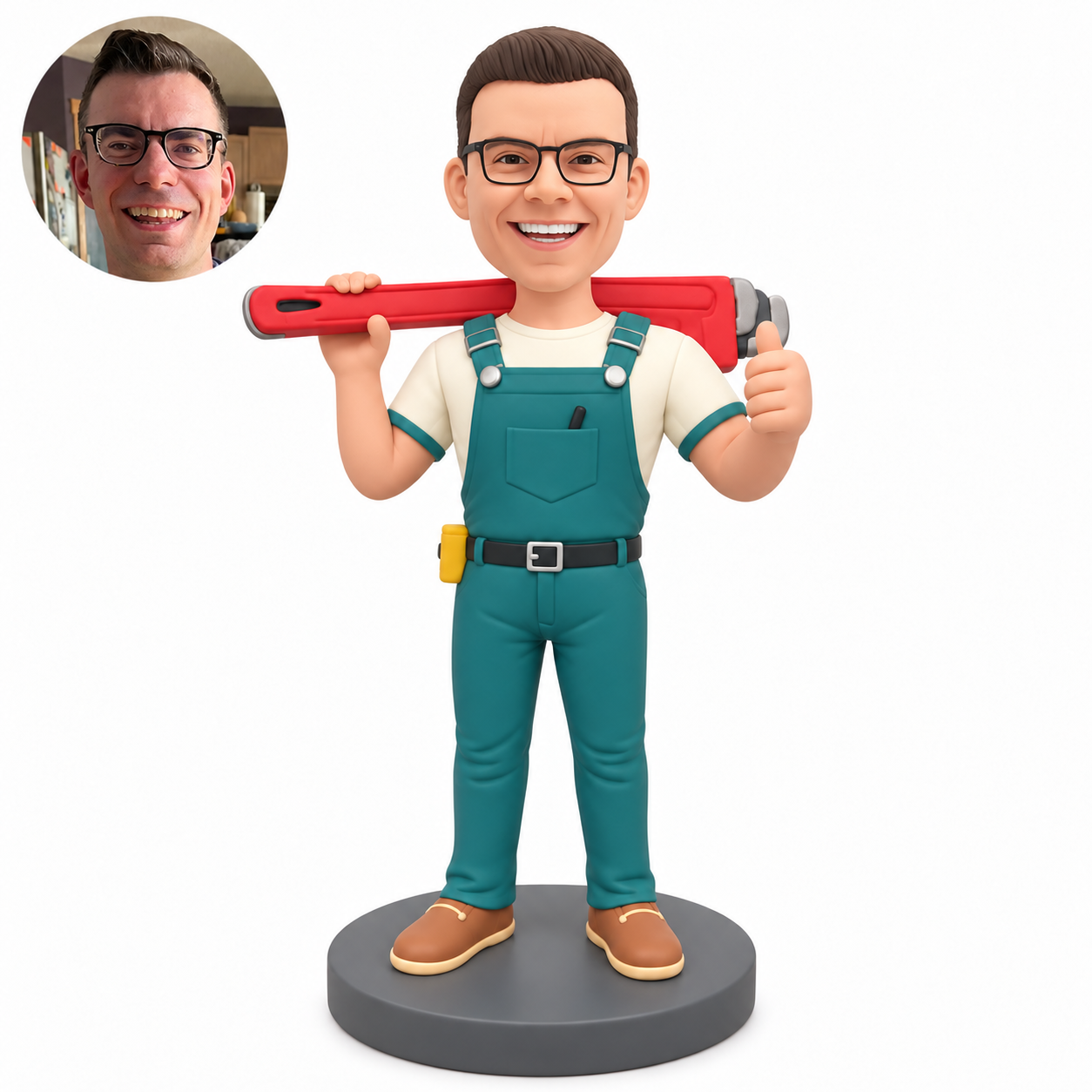 custom bobblehead figure male worker carrying a pipe wrench across his shoulders and giving a thumbs up
