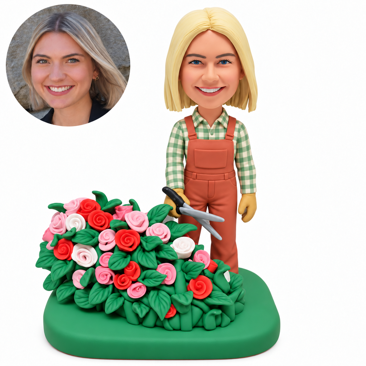 custom bobblehead figure female florist holding garden shears behind a large rose arrangement