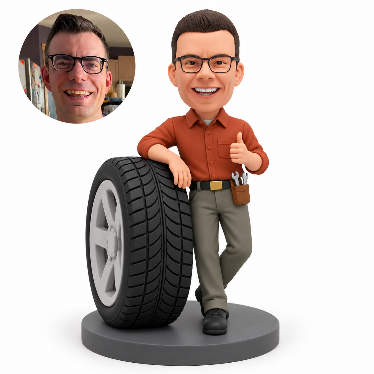 custom bobblehead figure car repair worker leaning on a large tire and giving a thumbs up
