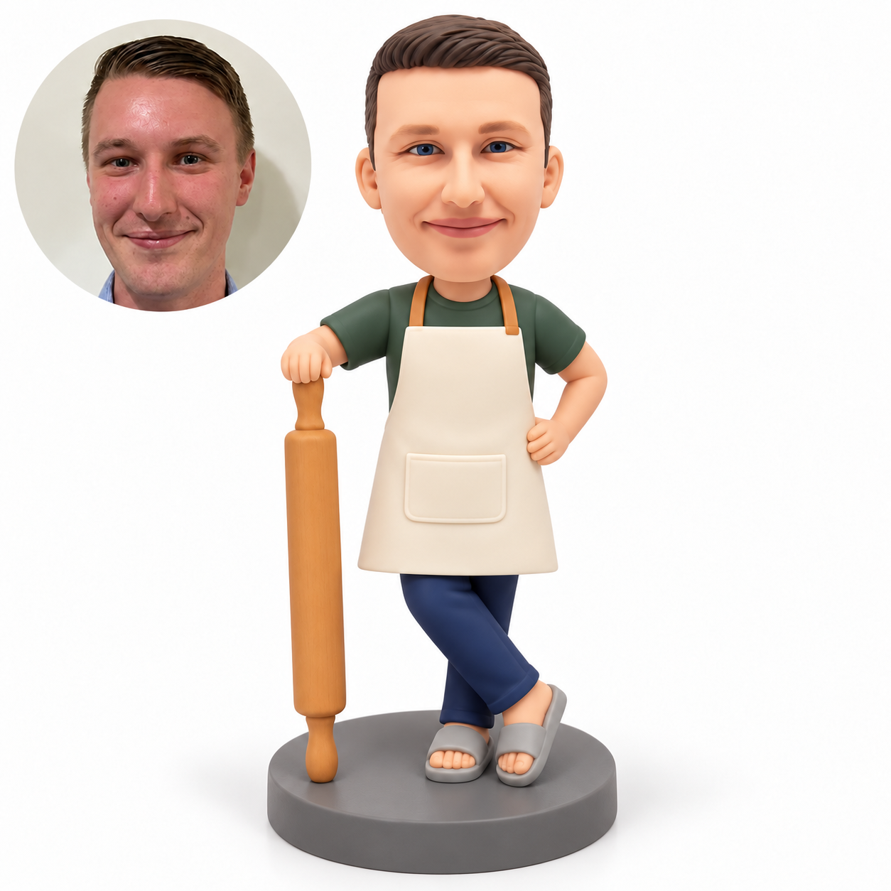 custom bobblehead figure male cook in an apron leaning on a giant rolling pin