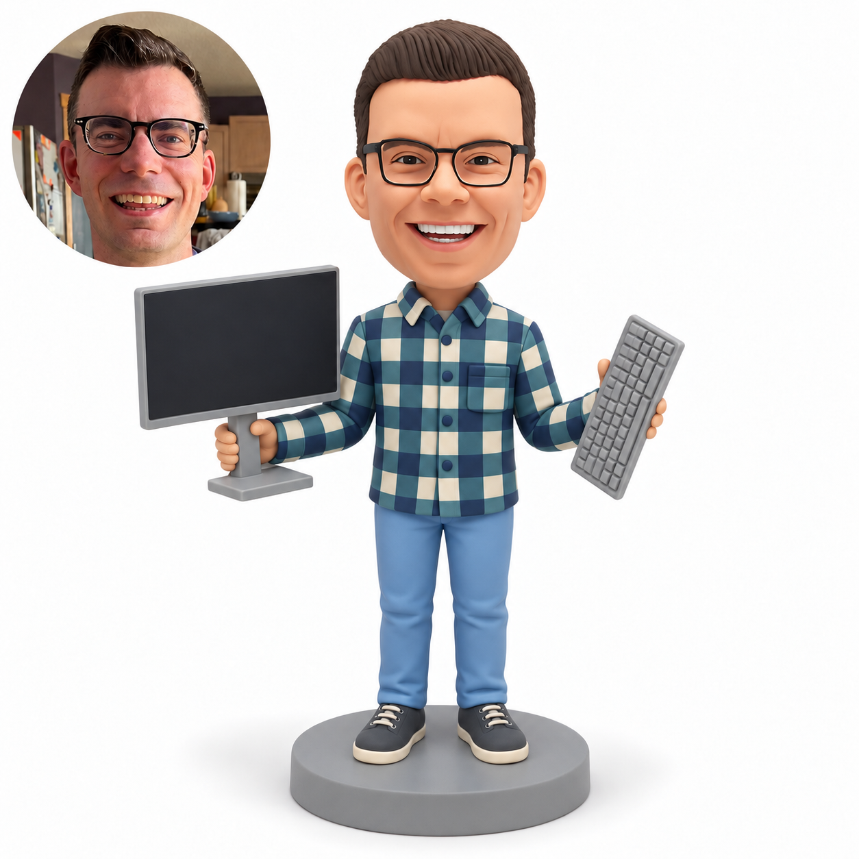 custom bobblehead figure male software engineer holding a desktop monitor and a keyboard