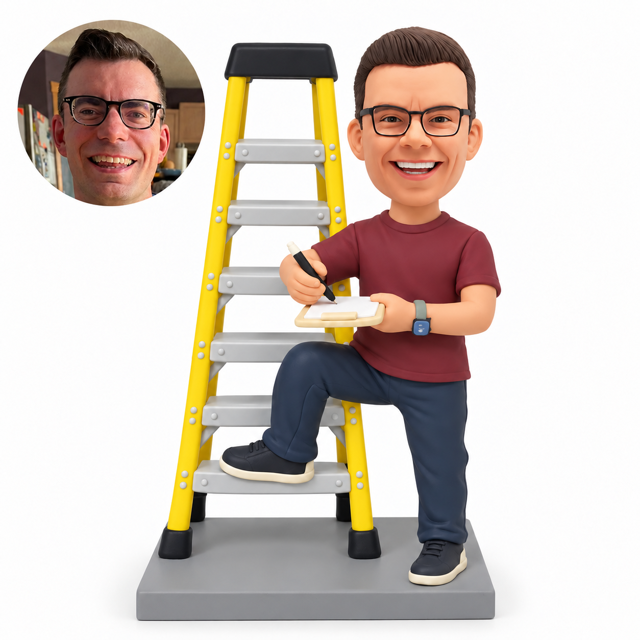 custom bobblehead figure male warehouse worker writing on a clipboard with one foot on a stepladder