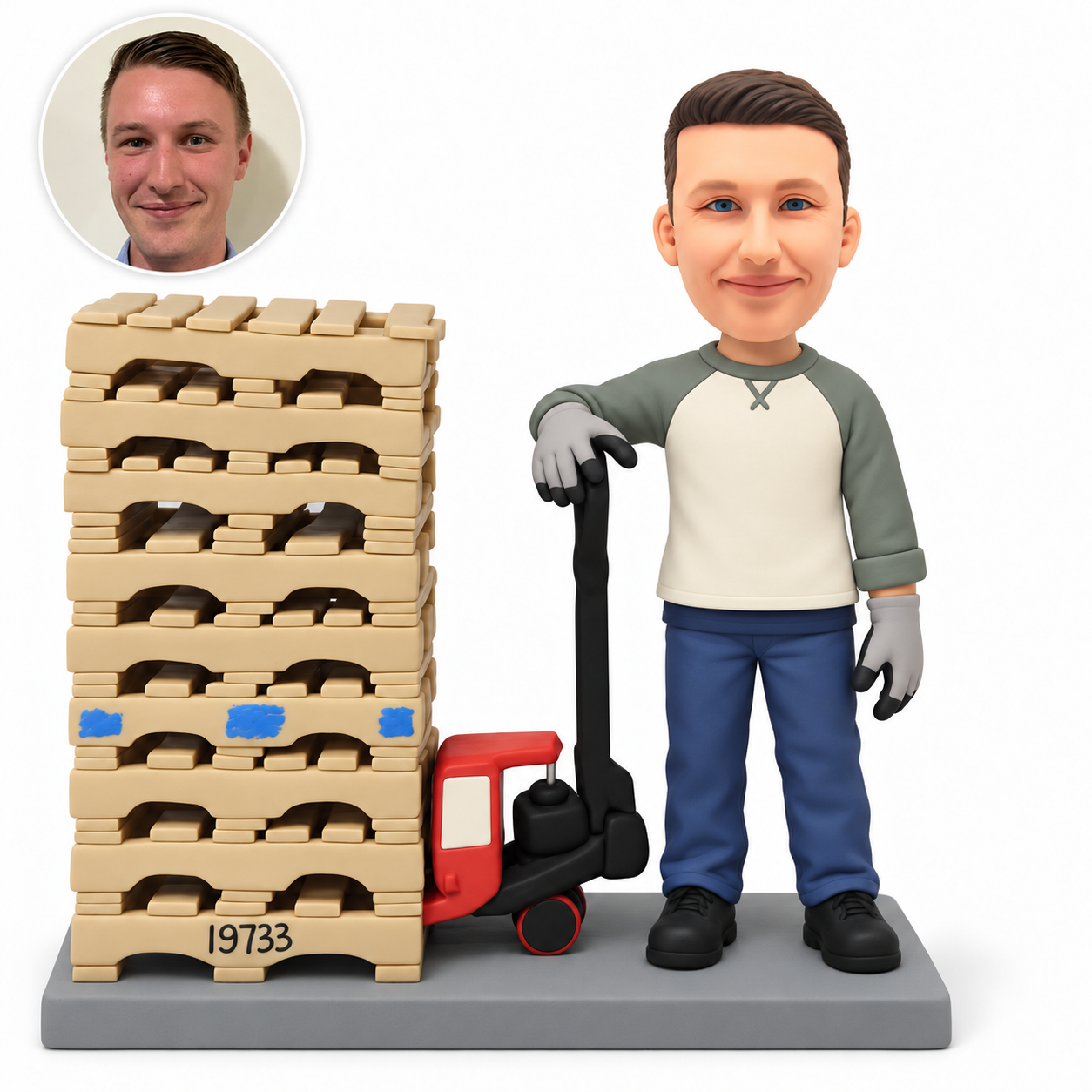 custom bobblehead figure male warehouse worker resting one gloved hand on a pallet jack beside stacked wooden pallets