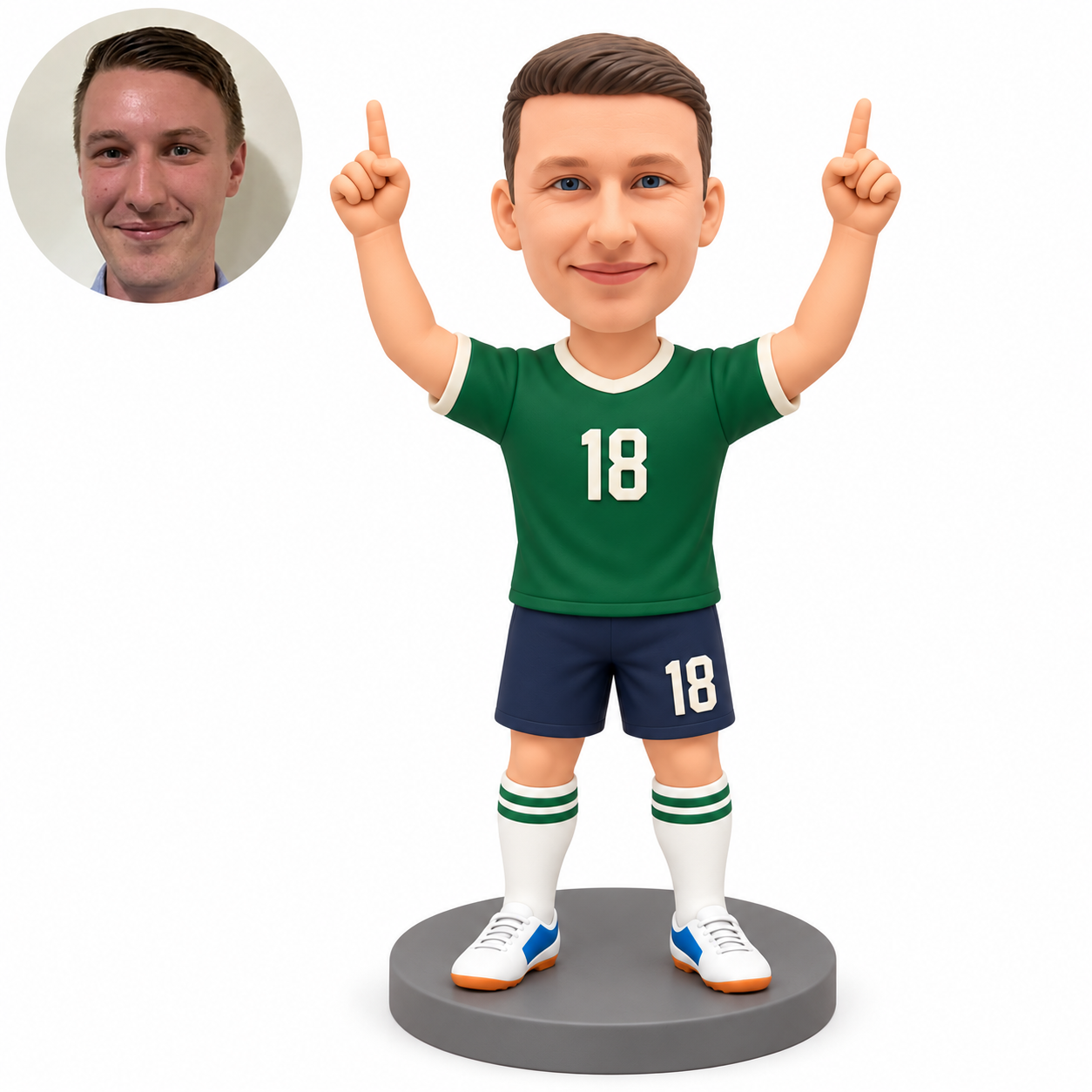 custom bobblehead figure male soccer player celebrating with both index fingers pointing upward