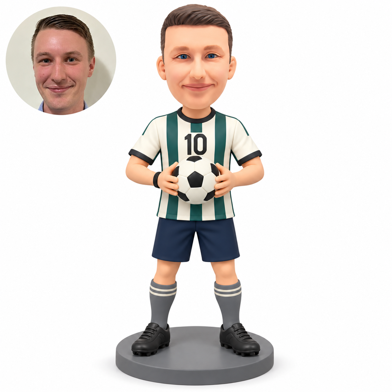 custom bobblehead figure male soccer player gripping both sides of a ball at his abdomen with elbows bent outward