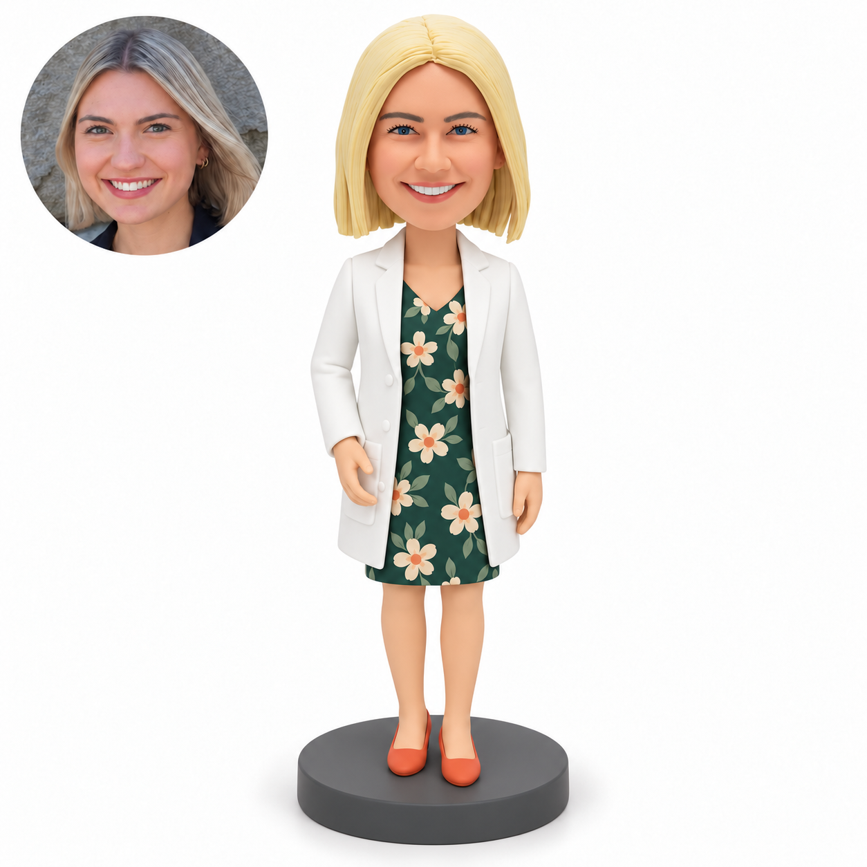 custom bobblehead figure female doctor in a long lab coat over a floral dress with both hands lowered