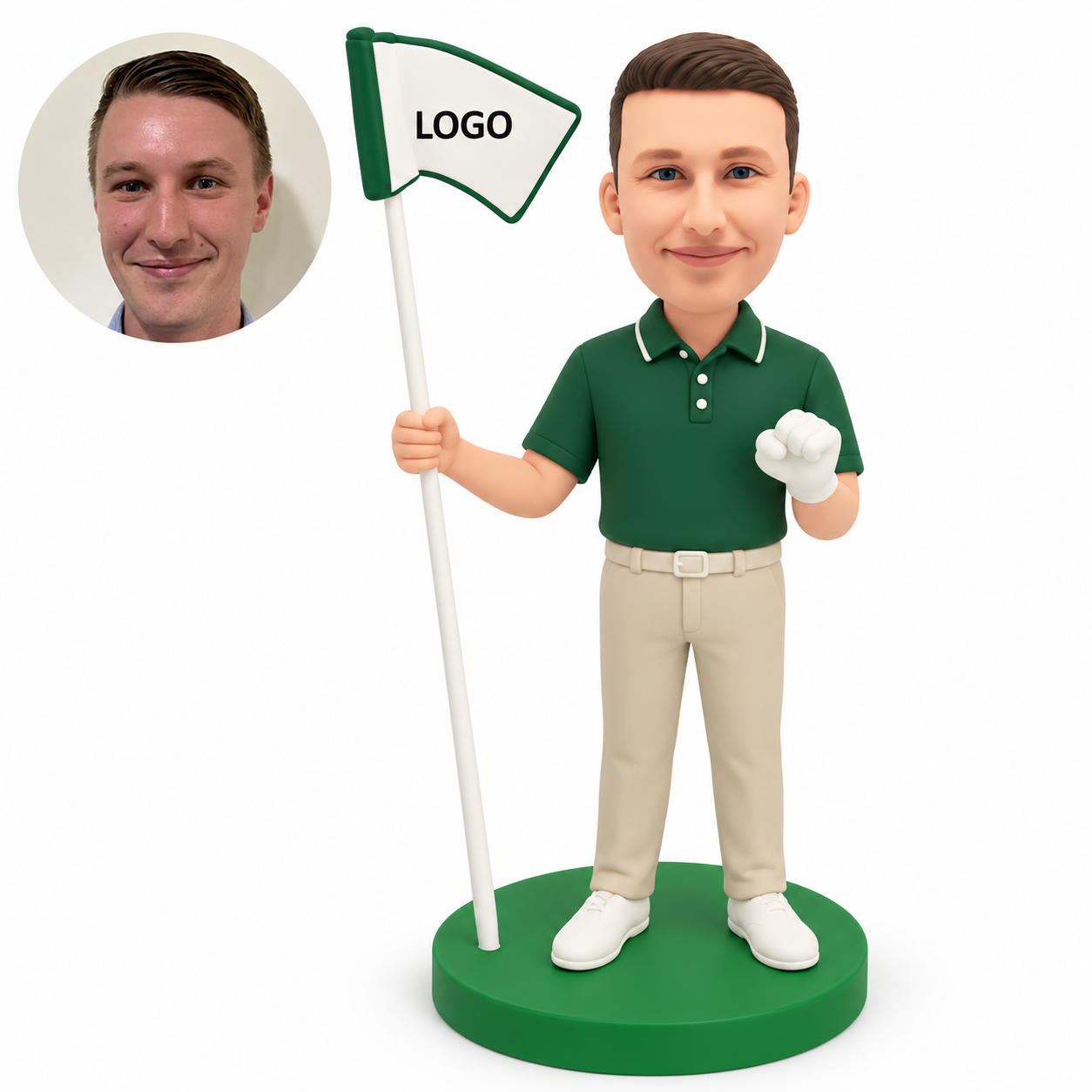 custom bobblehead figure male golfer holding a flagpole in his right hand and raising his gloved left fist