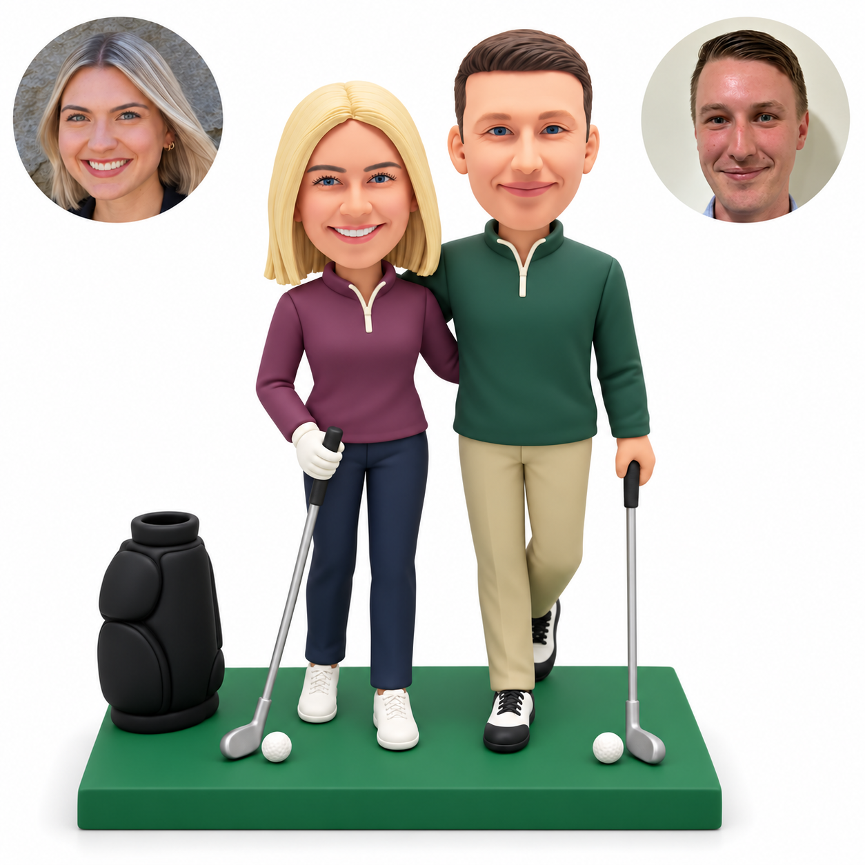 custom bobblehead figures golfing couple embracing with two grounded clubs and a golf bag