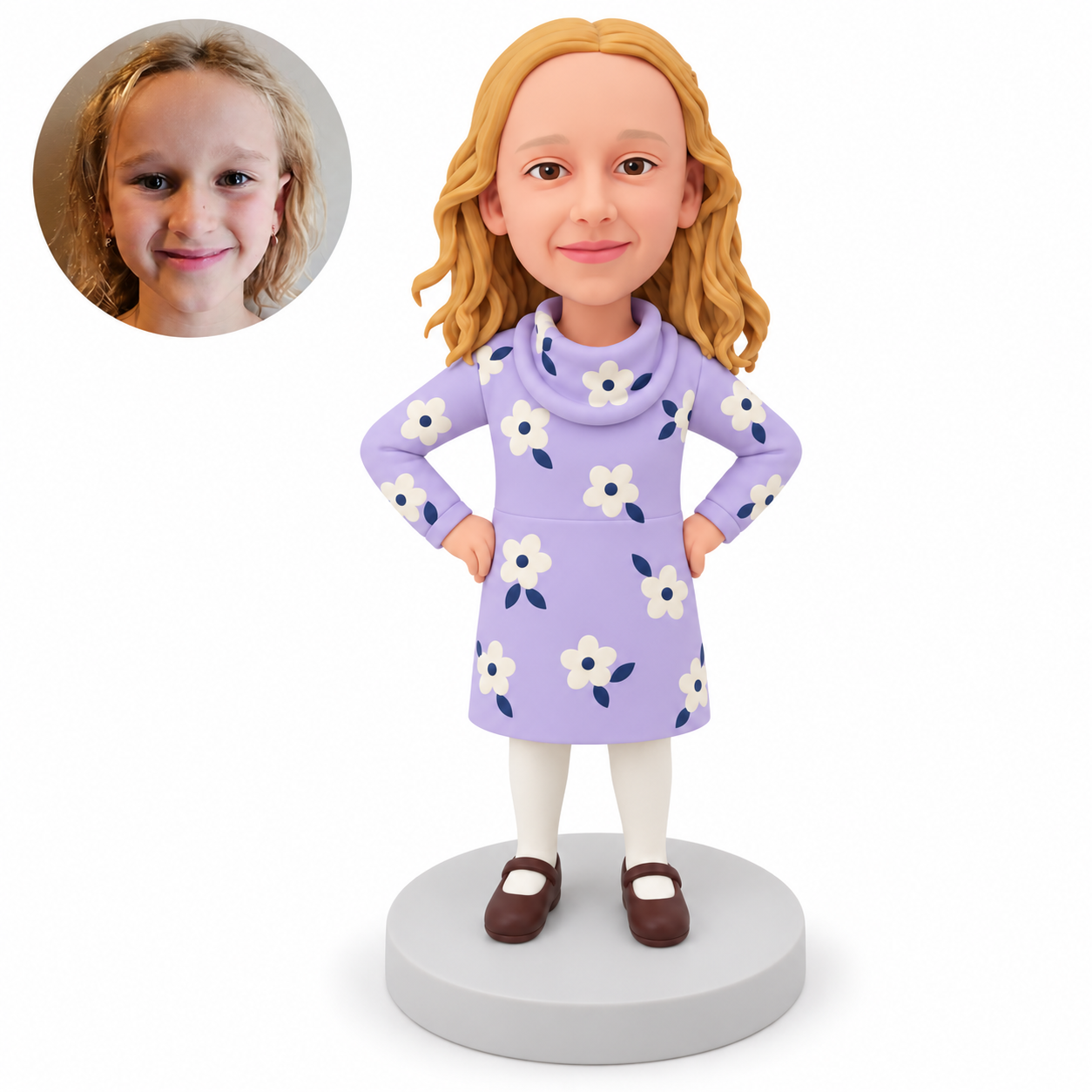 custom bobblehead figure young girl in a long sleeve floral cowl neck dress with both hands on her hips