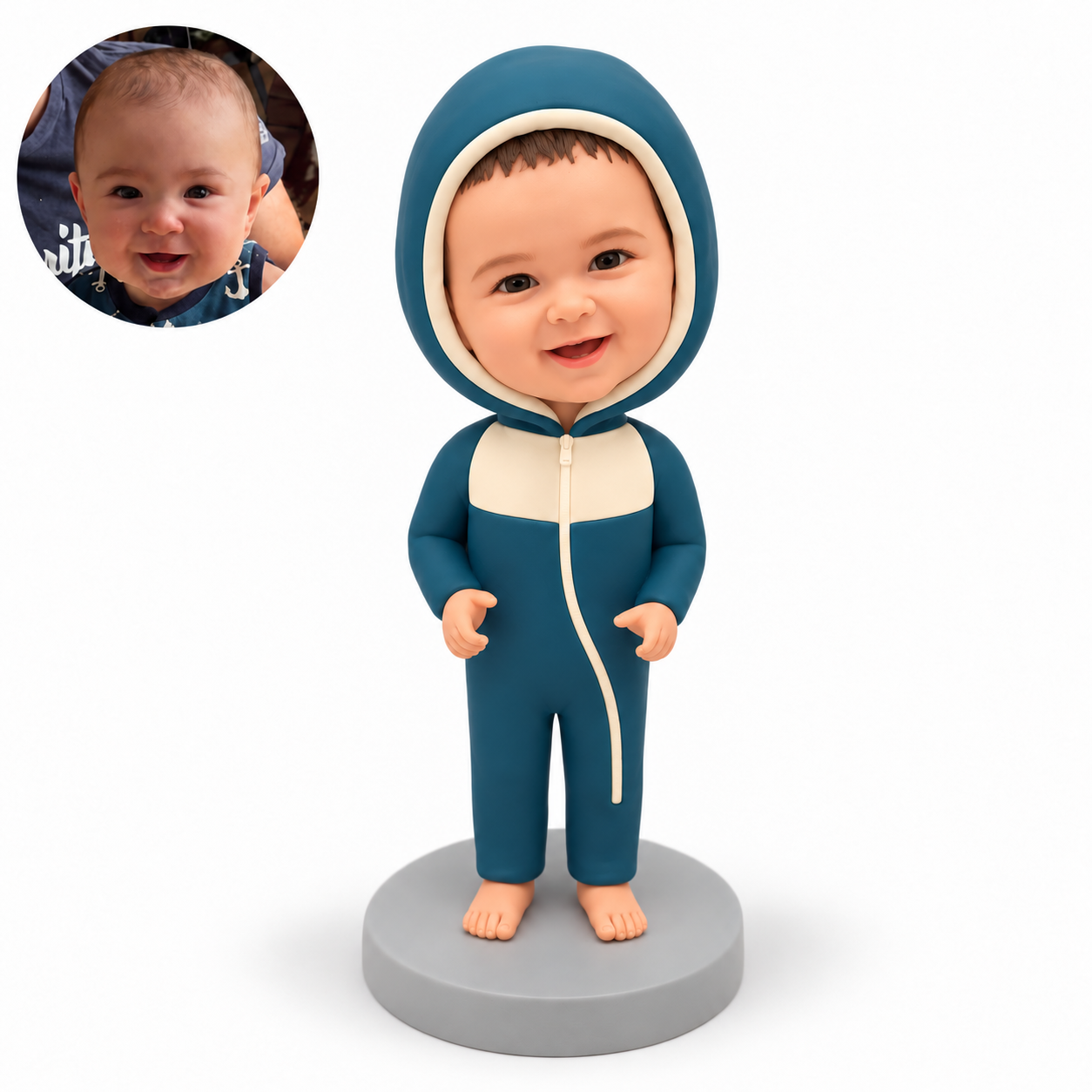 custom bobblehead figure toddler in a hooded zip front onesie standing barefoot with both hands by the waist