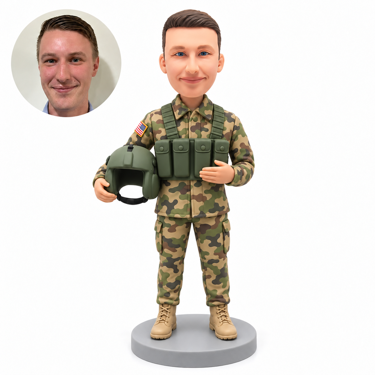 custom bobblehead figure soldier in military uniform holding a helmet in his right hand with his left hand resting on his chest rig