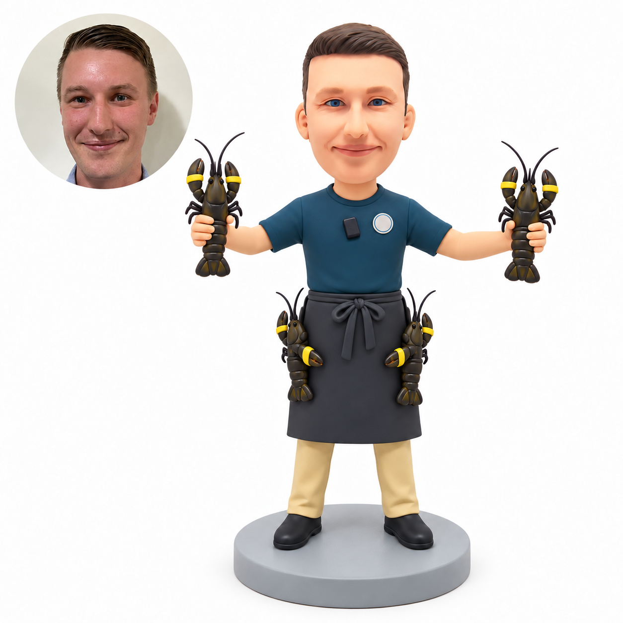 custom bobblehead figure seafood cook holding two lobsters with two more attached at his apron waist