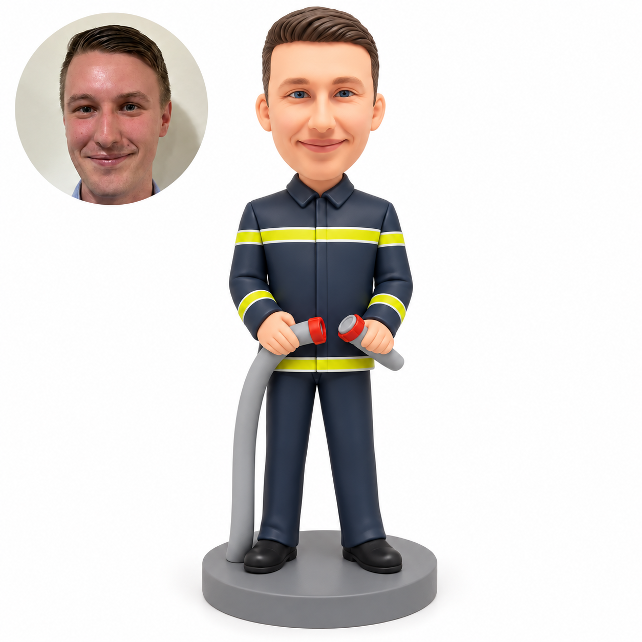 custom bobblehead figure firefighter holding two separated hose couplings in front of his waist