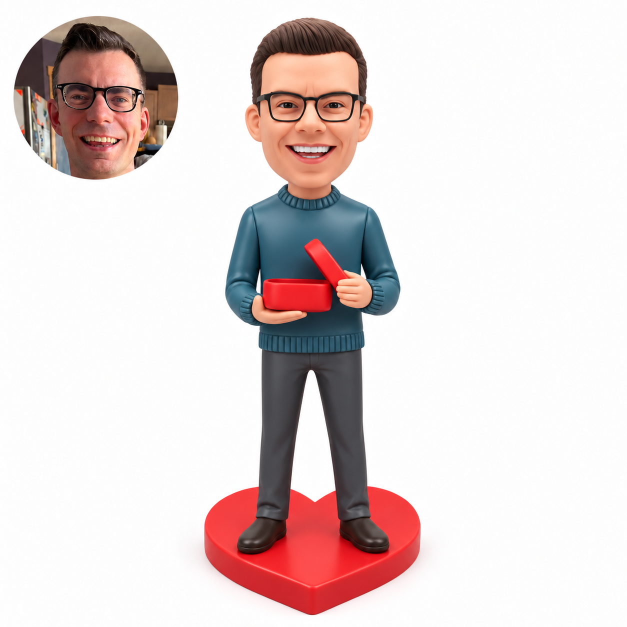 custom bobblehead figure man holding an open red gift box on a heart shaped base
