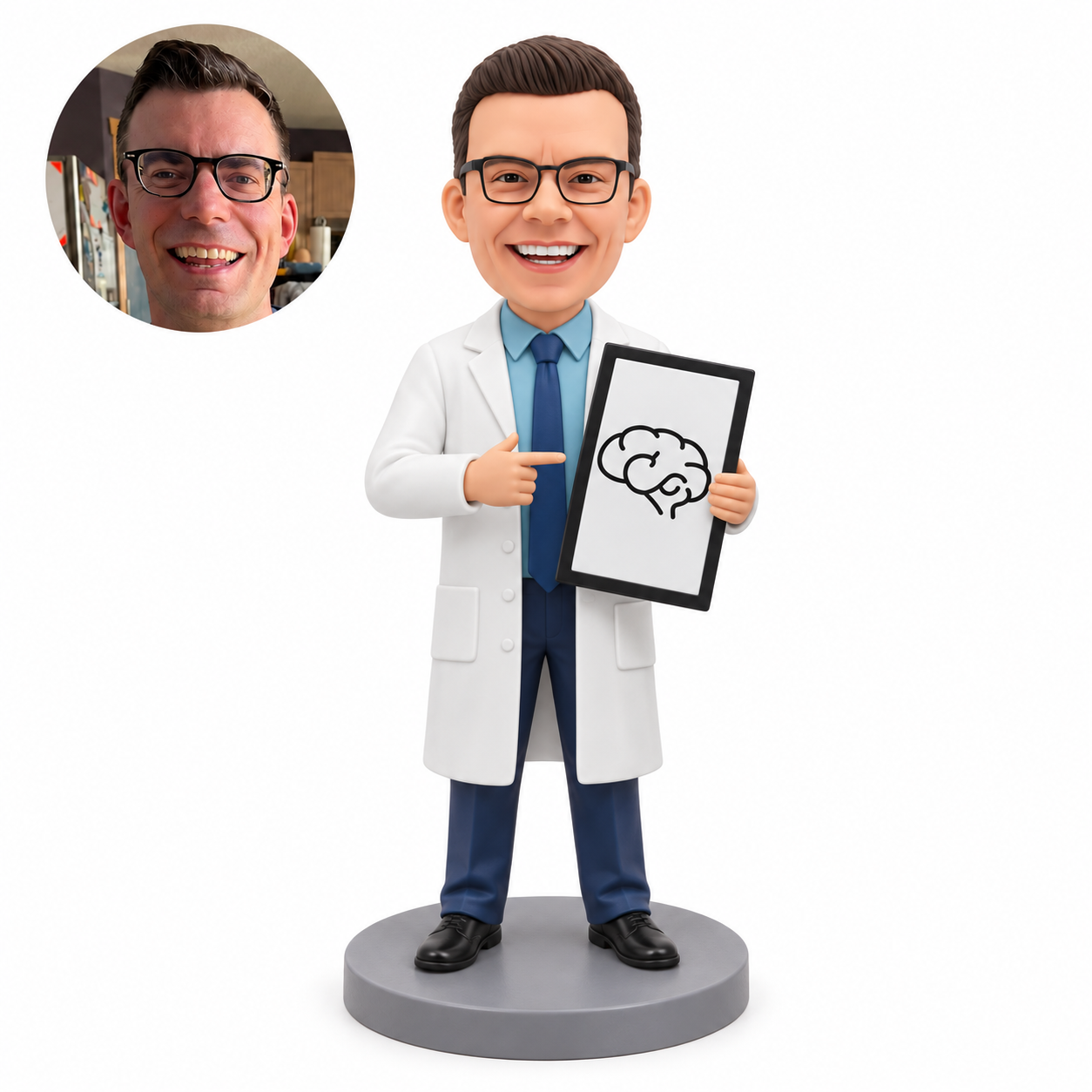 custom bobblehead figure male doctor pointing to a brain diagram on a framed chart