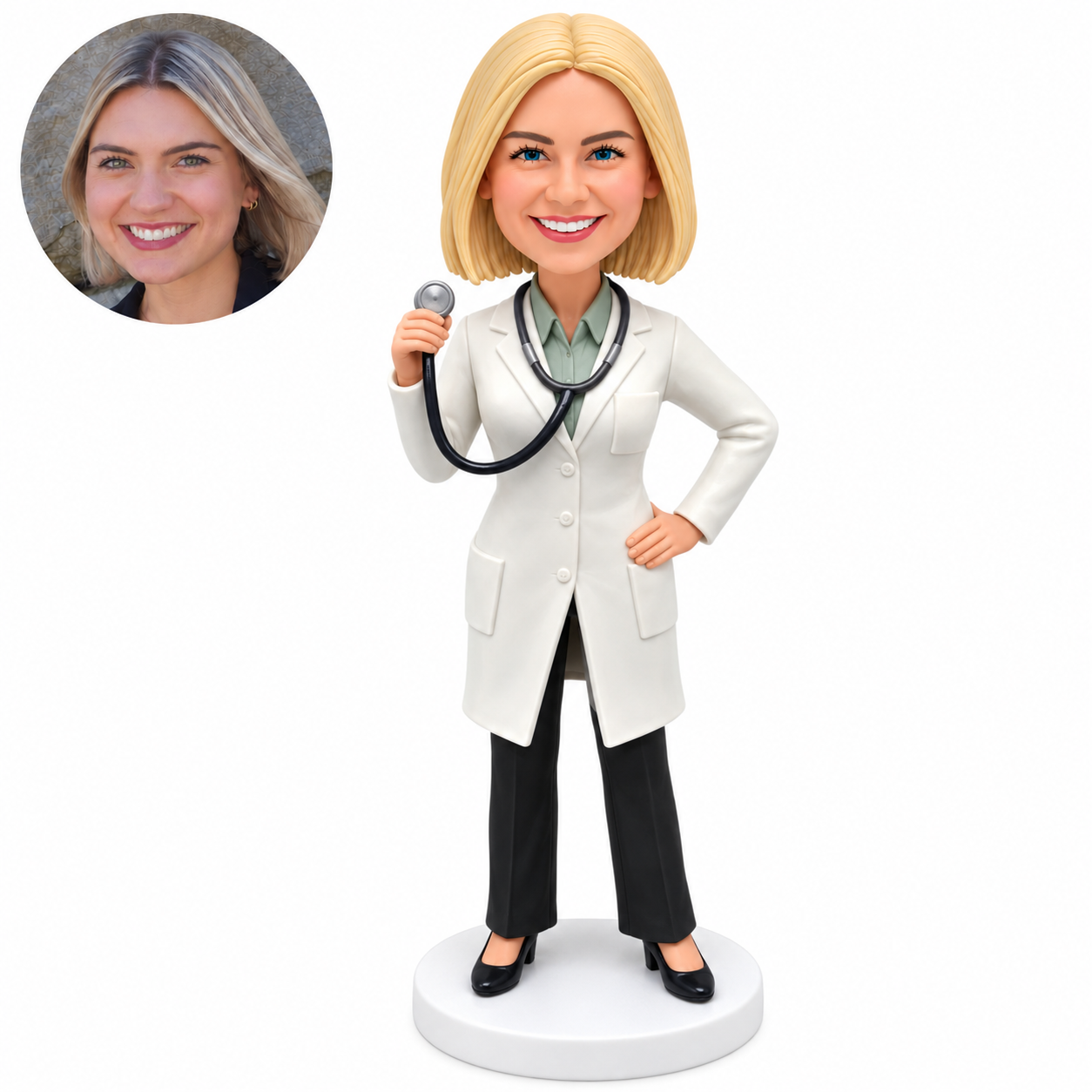custom bobblehead figure female doctor raising a stethoscope chestpiece with her left hand on her hip