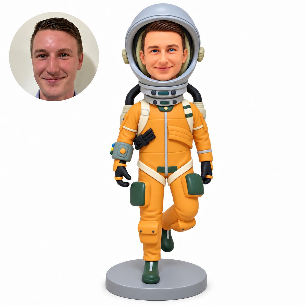custom bobblehead figure male astronaut wearing an open face helmet with one foot lifted behind