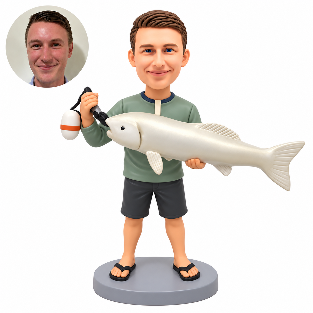custom bobblehead figure male fisherman holding a giant fish horizontally with a lip gripper and float