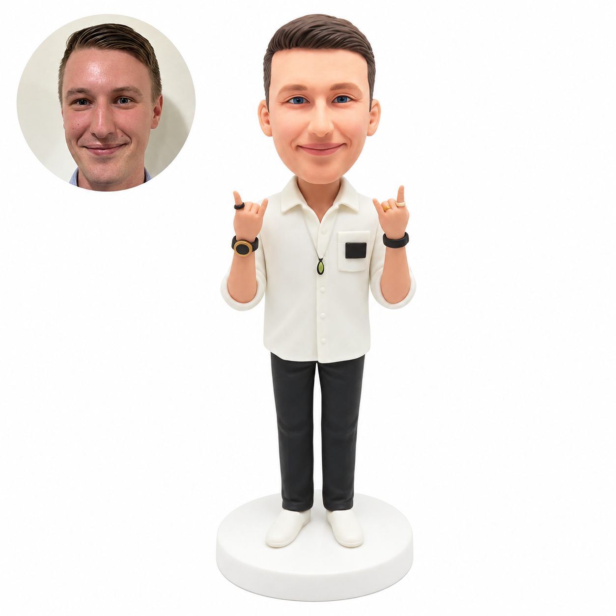 custom bobblehead figure male in a rolled sleeve shirt making two rock hand signs
