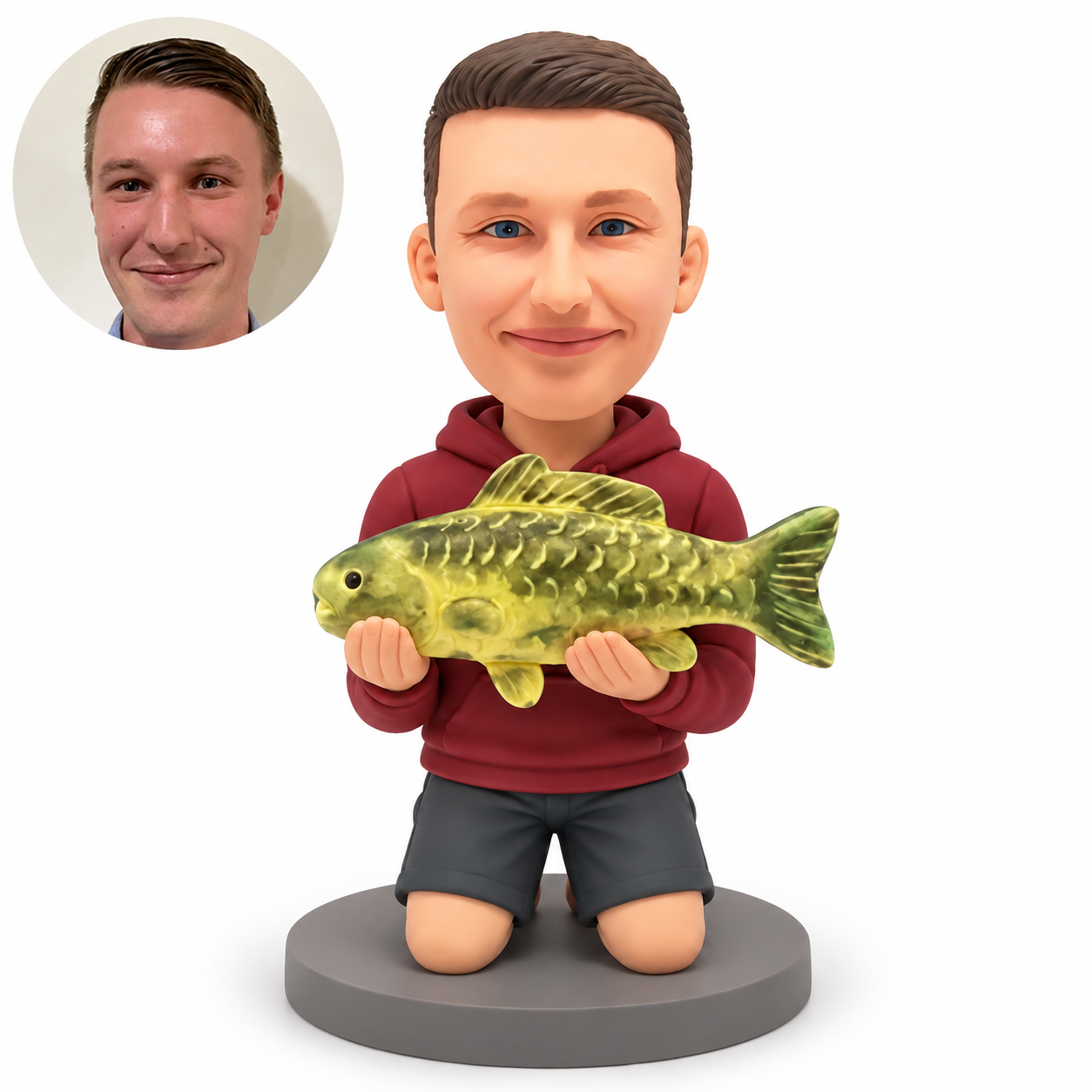 custom bobblehead figure male kneeling on both knees and holding one large carp
