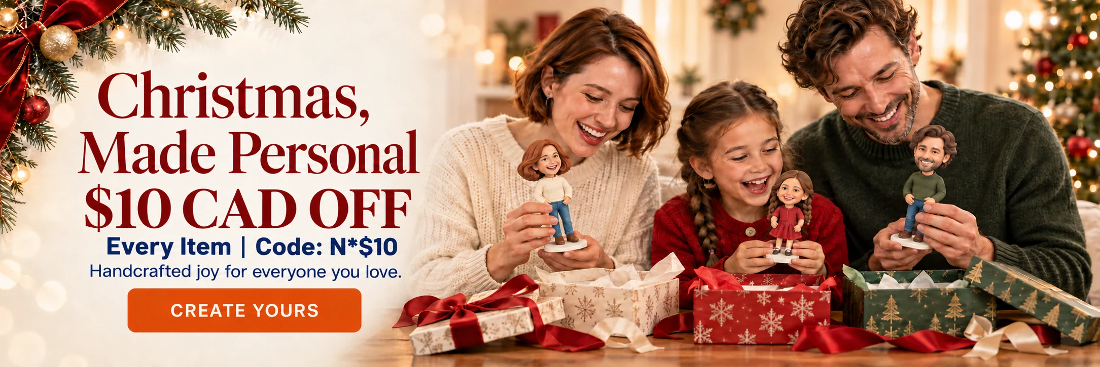 Christmas, Made Personal — $10 CAD OFF every item. Use code N*$10. A joyful family in winter outfits holds matching handcrafted polymer-clay figurines. Create yours.