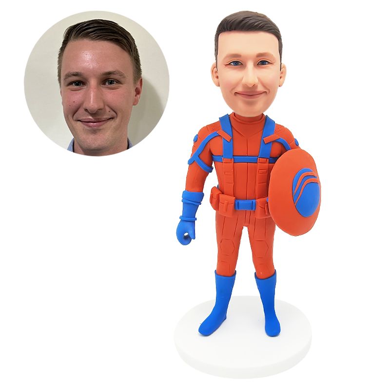 custom bobble head male superhero holding a shield