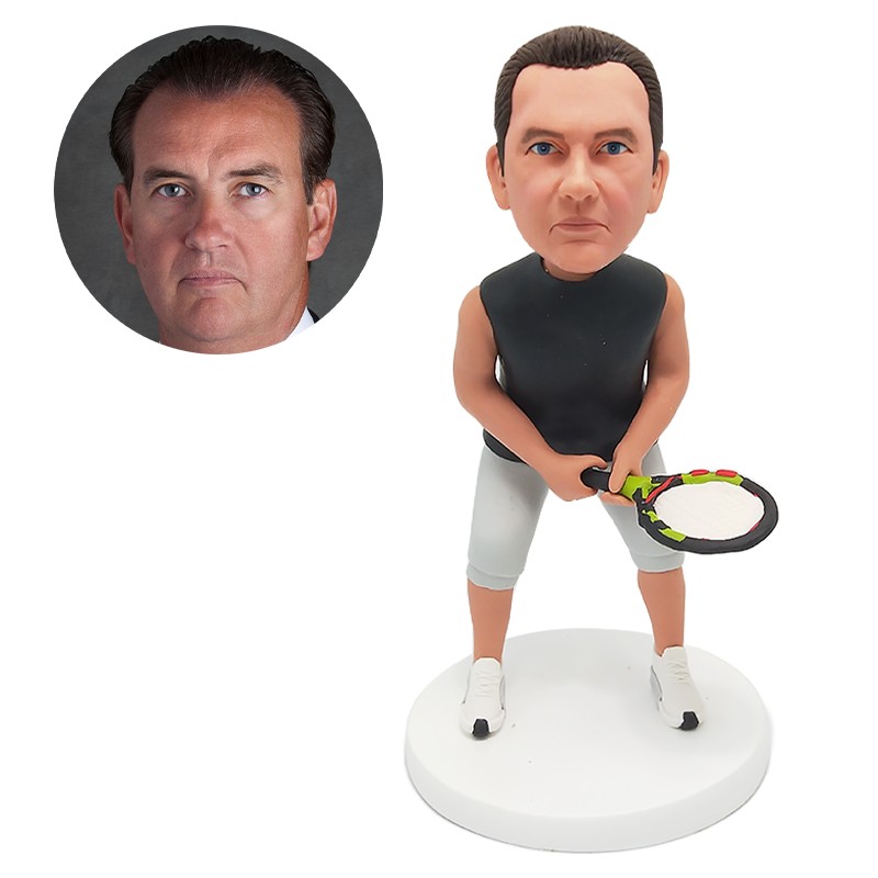 custom made bobblehead man holding a tennis racket