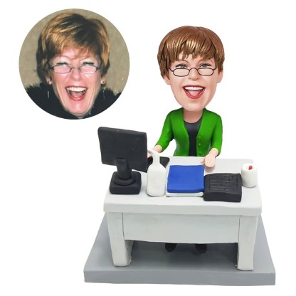 bobblehead custom office lady working with a computer