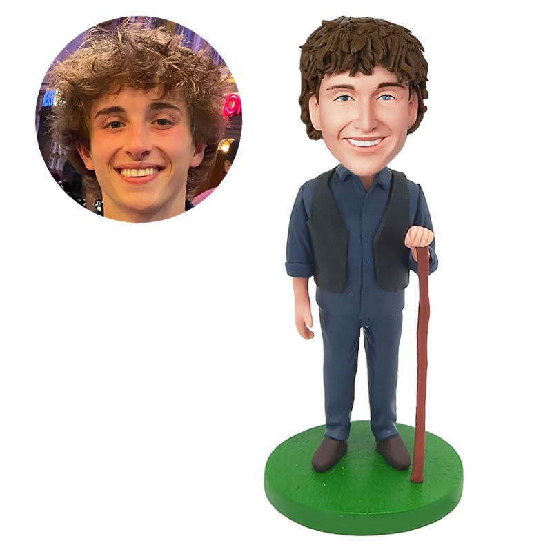custom bobblehead figure hiking man holding walking stick