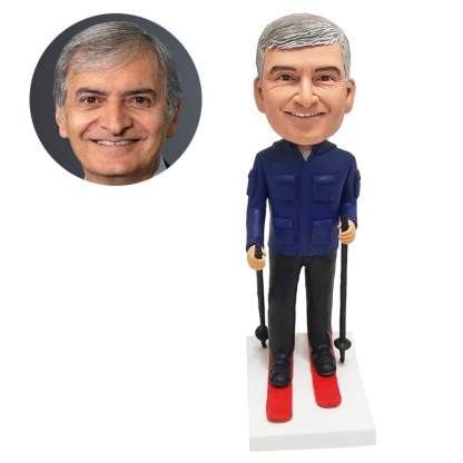 custom bobblehead figurine skiing man holding a ski pole