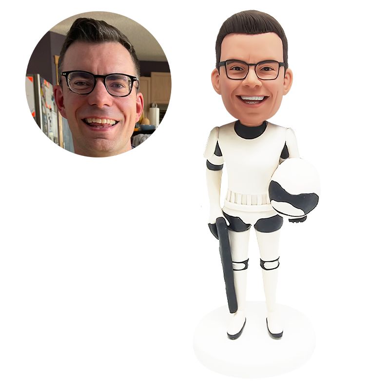 personalised bobble head storm trooper star war holding a helmet