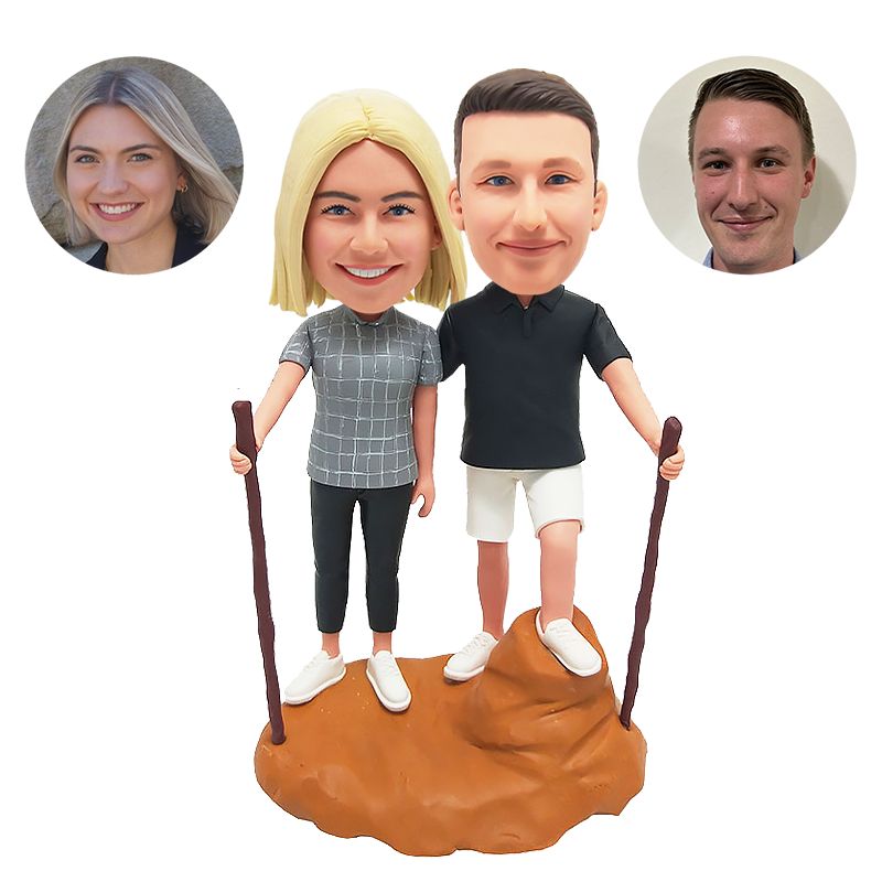 custom bobblehead figurine hiking couple holding walking sticks